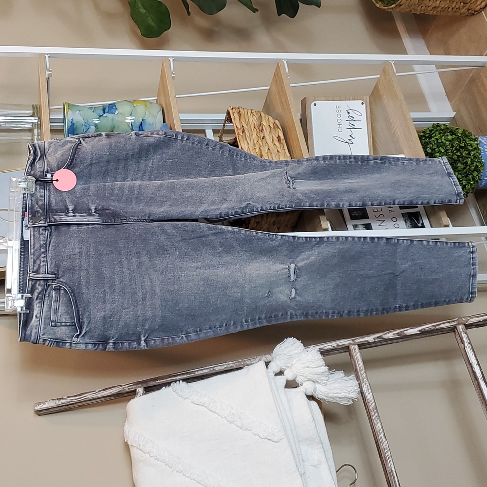 CAbi Gray Washed Skinny Jeans with Knee Distress